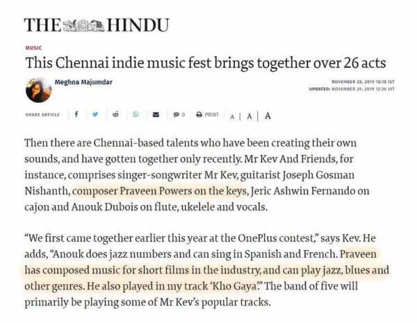 Praveen Powers featured in The Hindu newspaper for Global Isai Festival